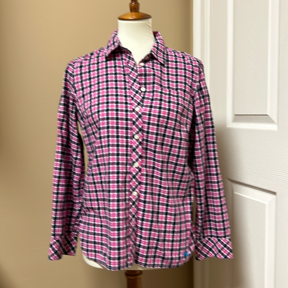 Talbots Pink & Black Plaid Button Up Shirt Size Medium
